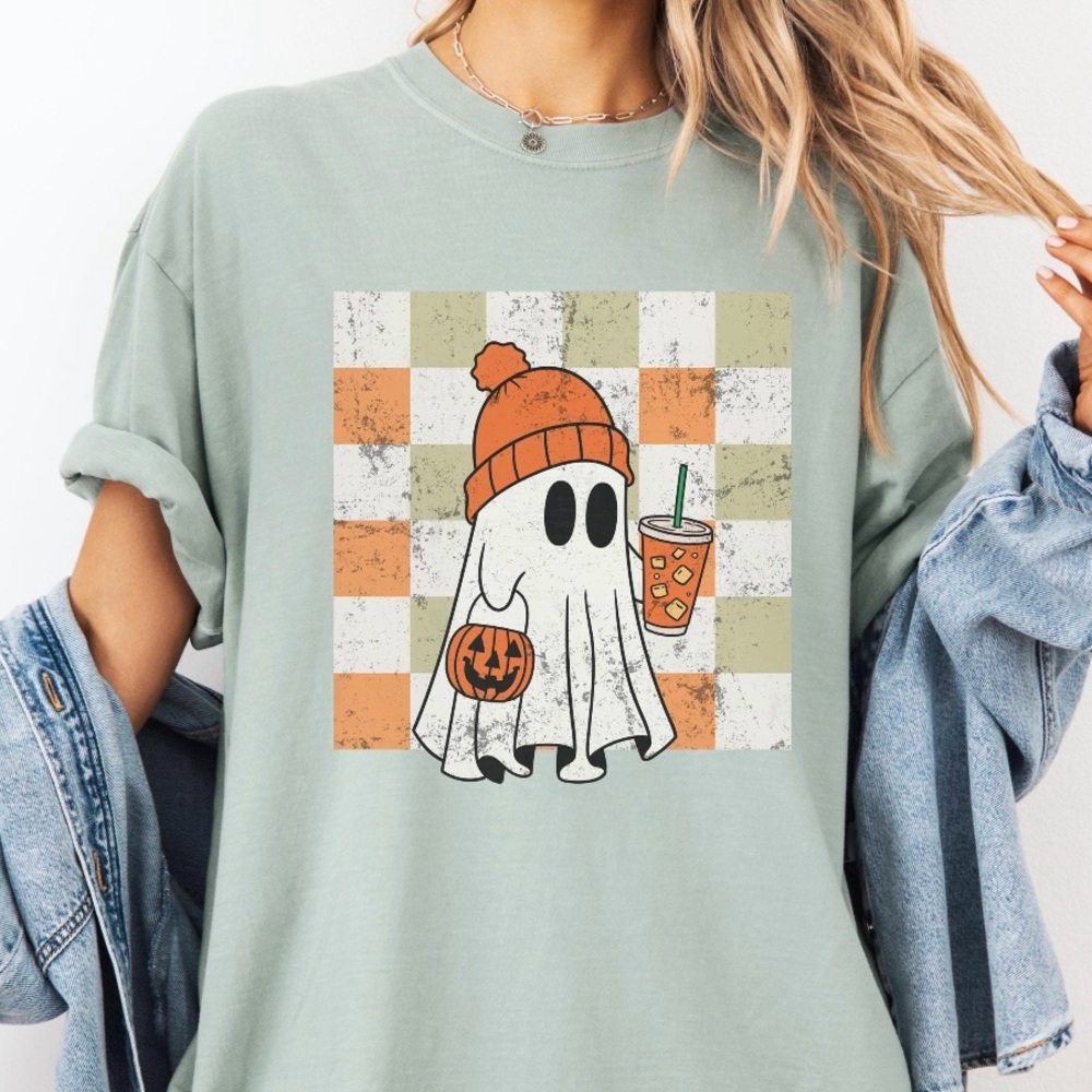 NEW Cute Retro Ghost w/ Iced Coffee Halloween Comfort Colors T-Shirt